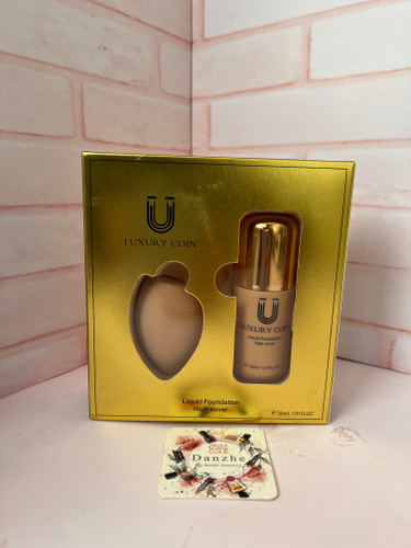 کرم پودر لاکچری کوین مدل Liquid Foundation High Cover همراه پد آرایشی